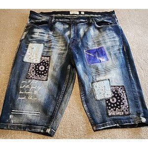FWRD DENIM Shorts Mens SZ 42 Blue Denim  Stretch Hip Hop Patch Work  Gold Stitch
